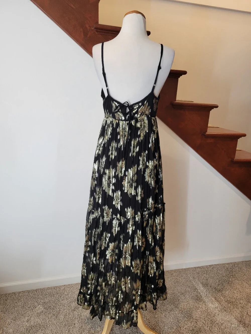 GOA Black and Gold Floral Maxi Dress Elegant Spaghetti Strap Boho Dress Size M - Picture 3 of 7